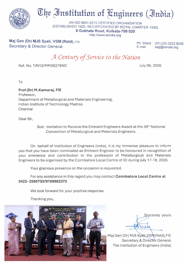 Prof. M. Kamaraj has been conferred the honour of "Eminent Engineer"